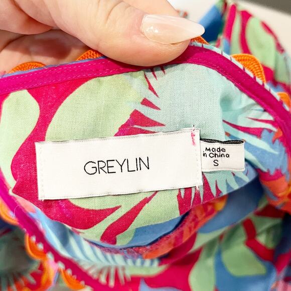 Greylin Skyler Ruffle Scallop Trim Babydoll Square Neck Tropical Top Pink Small - Picture 3 of 8